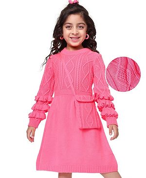 Hola Bonita Knitted Full Sleeves A Line Winter Frock with Cable Knit Design - Pink