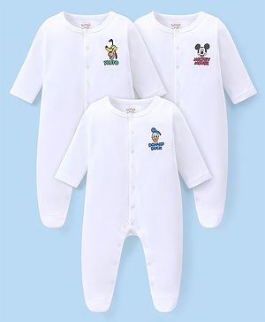 Babyhug Disney Interlock Knit Full Sleeves Solid Sleep Suits With Mickey & Friends Print  Pack Of 3 - White