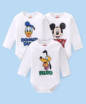Babyhug Disney Interlock Knit Full Sleeves Onesies with Mickey Mouse & Friends Graphic  Pack of 3 - White