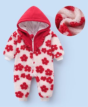 Kookie Kids Full Sleeves Hooded Winter Wear Romper with Floral Design & Frill Detailing - Red