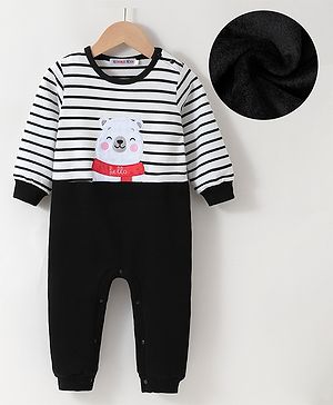 Kookie Kids Full Sleeves Striped Winter Wear Romper with Bear Embroidery -Black
