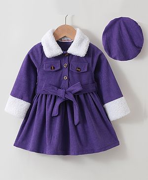 Kookie Kids Full Sleeves Collared Neck Winter Frock With Waist Belt & Fur Detailing - Purple