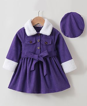 Kookie Kids Full Sleeves Collared Neck Winter Frock With Waist Belt & Fur Detailing - Purple