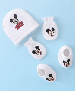 Babyhug Disney  Caps Mittens & Booties Set With Mickey Mouse Graphic - White