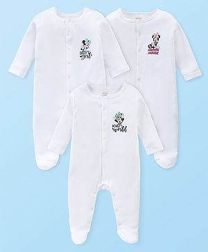 Babyhug Disney Cotton Knit Full Sleeves Footed Sleep Suits with Minnie Mouse Graphics Pack of 3 - White