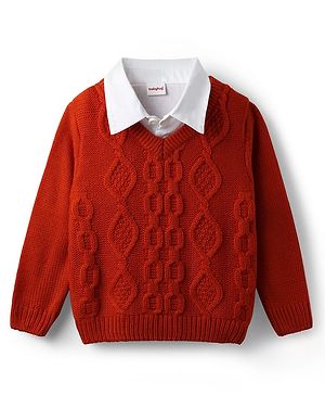 Babyhug Knit Full Sleeves Collar Neck Pullover with Cable Knit Design - Rust Orange