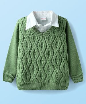 Babyhug Knitted Full Sleeves Overlap Sweater With Cable Knit Design - Green