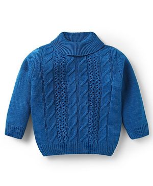Babyhug Knitted Full Sleeves High Neck Pullover Sweater with Cable Knit Design - Blue