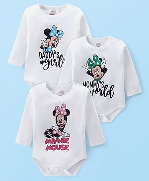Babyhug Disney Interlock Knit Full Sleeves Onesie With Minnie Mouse Graphics Pack Of 3 -White