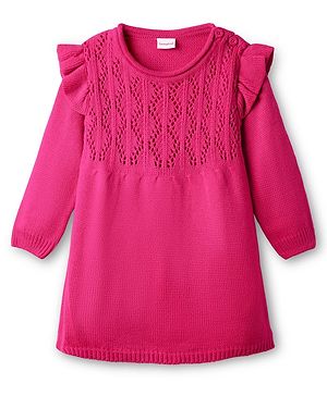Babyhug Sweater Knit Full Sleeves Woollen Dress With Frill Detailing - Fuchsia
