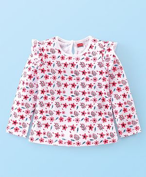 Babyhug Cotton Knit Full Sleeves Top With Frill Detailing & Floral Print - White