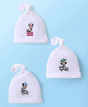Babyhug Disney  Interlock Knitted Caps With Minnie Mouse Graphic and Knot Detailing Pack of 3 - White