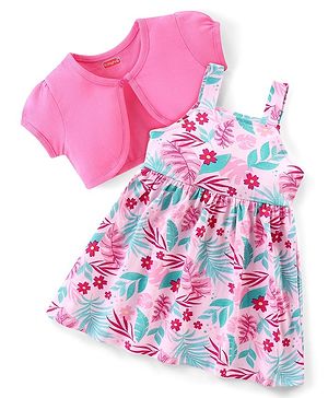 Babyhug Single Jersey Knit Half Sleeves Shrug with Floral Print Frock - Pink