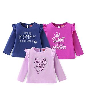 Babyhug Cotton knit Full Sleeves Tops with Frill Detailing & Text Print Pack of 3 - Multicolour