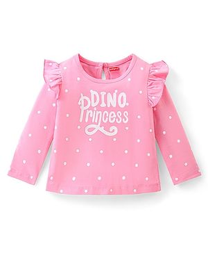Babyhug Cotton Knit Full Sleeves Top with Frill Detailing Polka Dots & Text Print - Pink