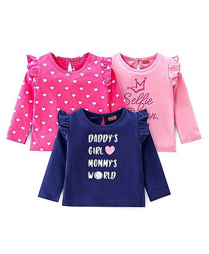 Babyhug Cotton Knit Full Sleeves Tops With Hearts & Text Graphics Pack of 3 - Pink & Navy Blue