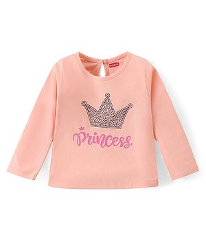 Babyhug Cotton Knit Full Sleeves T-Shirt With Text Print - Peach