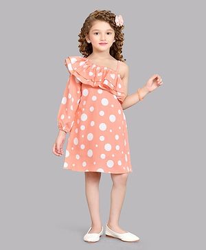 PinkChick One Shoulder Polka Dots Printed Dress - Peach