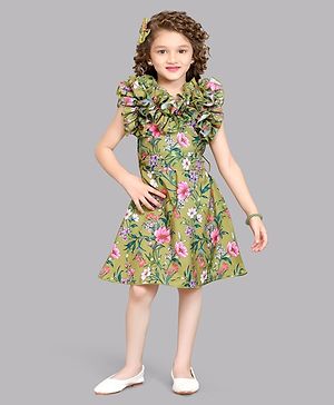 PinkChick Ruffle Sleeves Floral Printed Dress - Olive Green