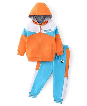 Babyhug Terry Knit Full Sleeves Cut & Sew Colour Block Joggers Set Text Print - Orange & Blue