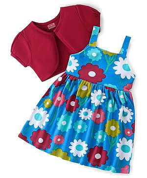 Babyhug Single Jersey Knit Floral Printed Frock with Half Sleeves Solid Shrug - Blue