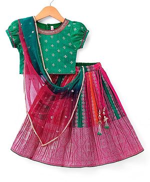 Babyhug Woven Half Puffed Sleeves Choli Lehenga & Dupatta Set with Foil Print & Sequin Embroidery - Pink & Green