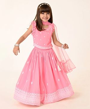 Babyhug Woven Sleeveless Georgett Sequined Embroidered  Choli Lehenga Set with Dupatta  & Frill Detailing - Pink