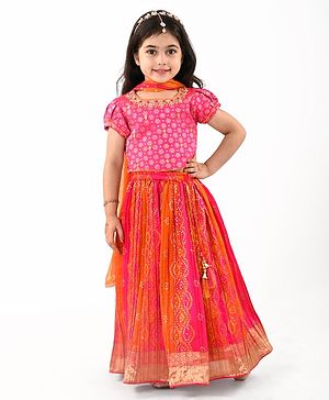 Babyhug Woven Short Sleeves Embroidered Choli with Brocade Lehenga & Dupatta Set - Fuschia