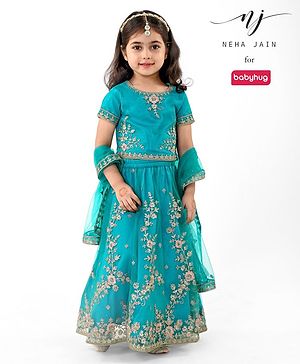 Babyhug Woven Short Sleeves Net Sequinned Embroidered Choli Lehenga & Dupatta Set - Teal