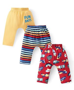 Babyhug Interlock Cotton Knit Full Length Striped Diaper Leggings with Vehicles Print Pack of 3 - Yellow & Red