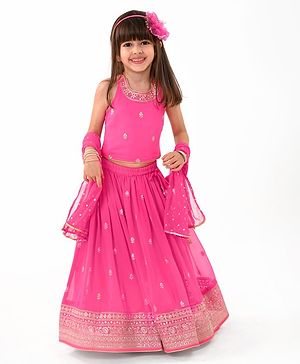 Babyhug Sleeveless Georgette Woven Mirror Work Embroidered Choli Lehenga with Dupatta - Pink