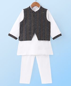 Babyhug Woven Full Sleeves Solid Kurta Pyjama Set With Sequinned Embroidered Jacket - Off White