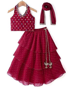 Babyhug Woven Sleeveless Halterneck Embroidered Choli With Foil Print Layered Lehenga & Dupatta Set - Hot Pink