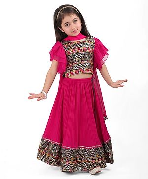 Babyhug Woven Half Flutter Sleeves Sequinned & Embroidered Choli With Lehenga and Dupatta - Hot Pink