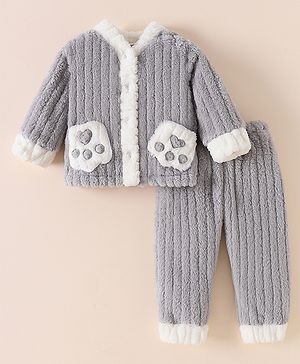 Kookie Kids Full Sleeves Winter Wear Solid Colour  Night Suit with Pocket Detailing - Grey