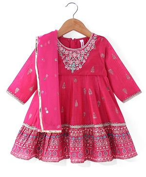 Babyhug Woven  Three Fourth  Sleeves Full Length Foil Printed Ehtnic Dress with Net Dupatta Embroidery & Sequenced Detailing  - Fuschia
