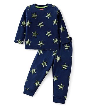 Babyhug Cotton Knit Full Sleeves Night Suit with Star Print - Navy Blue