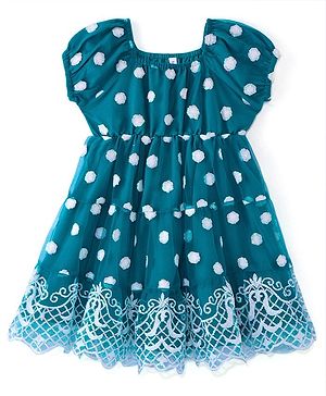Babyhug Woven Short Sleeves Mid Length Net Sequinned Embroidered Ethnic Dress - Teal