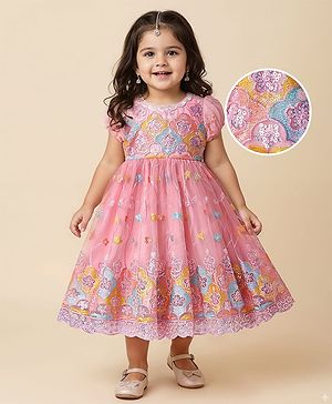 Babyhug Woven Half Puff Sleeves Ethnic Dress With Floral & Sequin Embroidery - Pink
