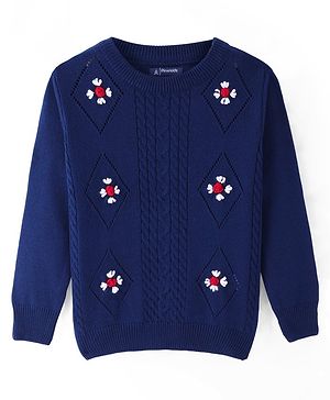 Pine Kids Full Sleeves Cable Knit Solid Pullover Sweater With Floral Detailing - Navy Blue