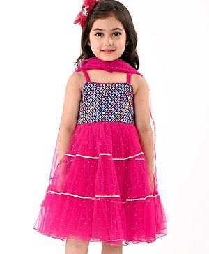 Babyhug  Sleeveless Net Embroidered Ethnic Dress With Mirror Work & Dupatta -  Hot Pink