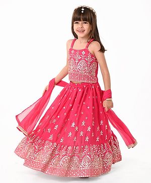 Babyhug Woven Sleeveless Mirror Work Embroidered Choli Lehenga & Duapatta Set- Hot Pink