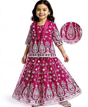 Babyhug Woven Three Fourth Sleeves Floral Embroidered Choli Lehenga Set with Jacket - Pink