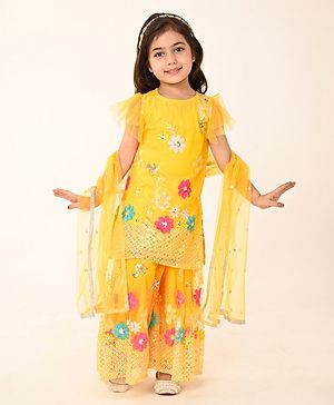 Babyhug Woven Frill Sleeves Net Floral Embroidered Kurti Palazzo & Dupatta Set - Yellow