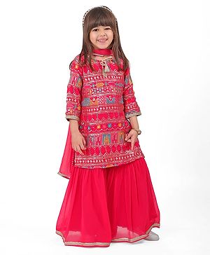Babyhug Woven Three Fourth Sleeves Sequined Embroidered Kurti & Gharara Set with Dupatta - Fuschia