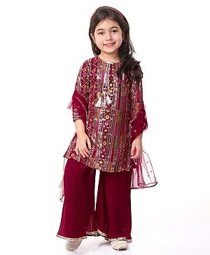 Babyhug Woven Georgette Three Fourth Sleeves Sequins Embroidered Kurti Palazzo Set with  Dupatta - Hot Pink