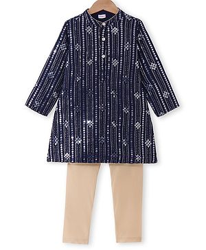 Babyhug Woven Full Sleeves Sequined Kurta Pyjama Set -Navy Blue