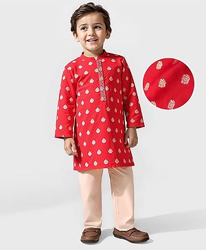 Babyhug Woven Full Sleeves Foil Printed Kurta Pyjama Set - Red
