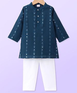 Babyhug Woven Full Sleeves Kurta Pyjama Set with Mirror Work Embroidery - Navy Blue