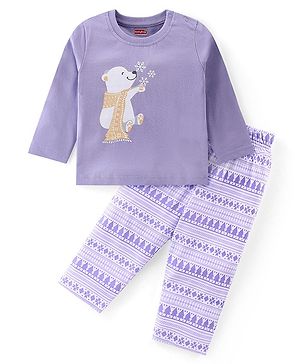 Babyhug Cotton Knit Full Sleeves Night Suit With Bear Print -Lavender